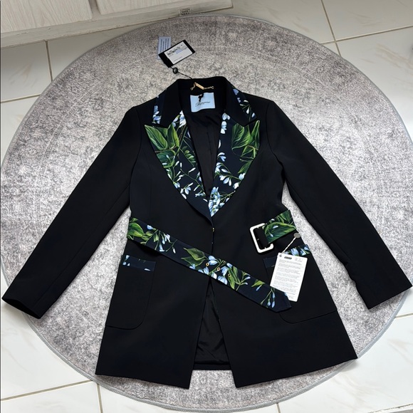 Blumarine Jackets & Blazers - Black Floral Blazer with Belt